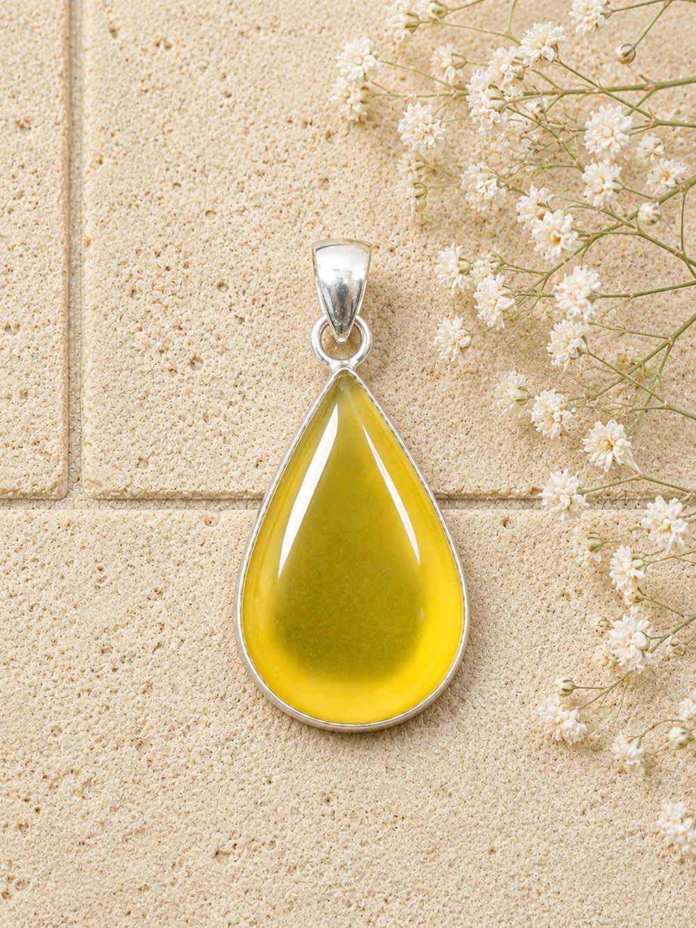 Natural Teardrop Yellow Onyx Gemstone 925 Sterling Silver 2.2” Pendant - Picture 1 of 6
